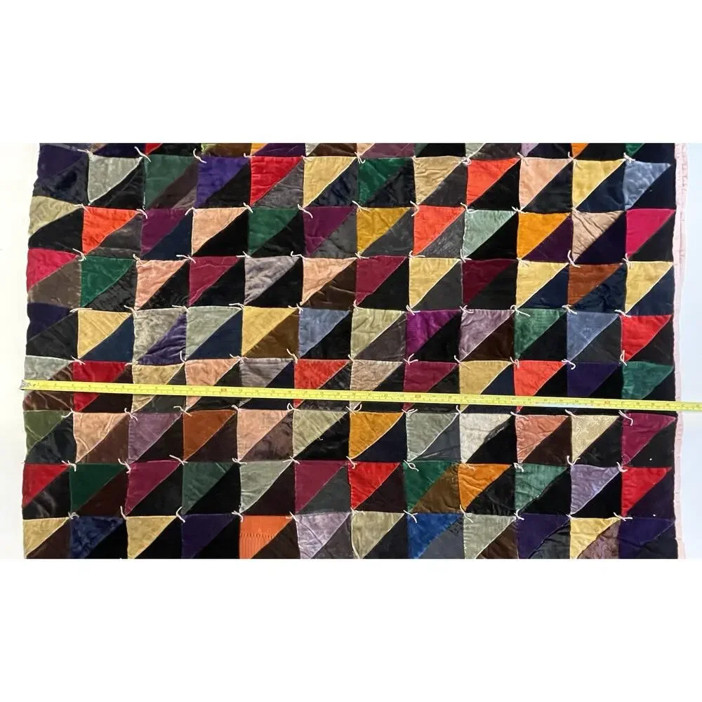 Vintage 70s Velvet Patchwork Hippie Boho Quilt Bedspread Blanket Full Sz 86”x82”